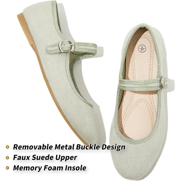 Babudog Womens Green Faux Suede Rounded Toe Ankle Strap With Buckle Flats - Picture 2 of 9